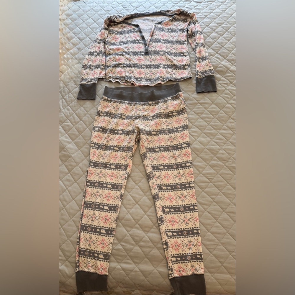 Vintage Victoria's Secret PJ’s Thermal Waffle Snowflake Bear Gray/pink - MD